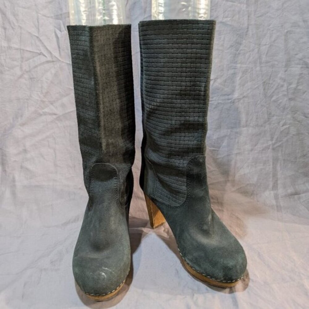 Sanita Black Suede Pattern Mid Calf Wooden Clog Heel Boots Women Size 37